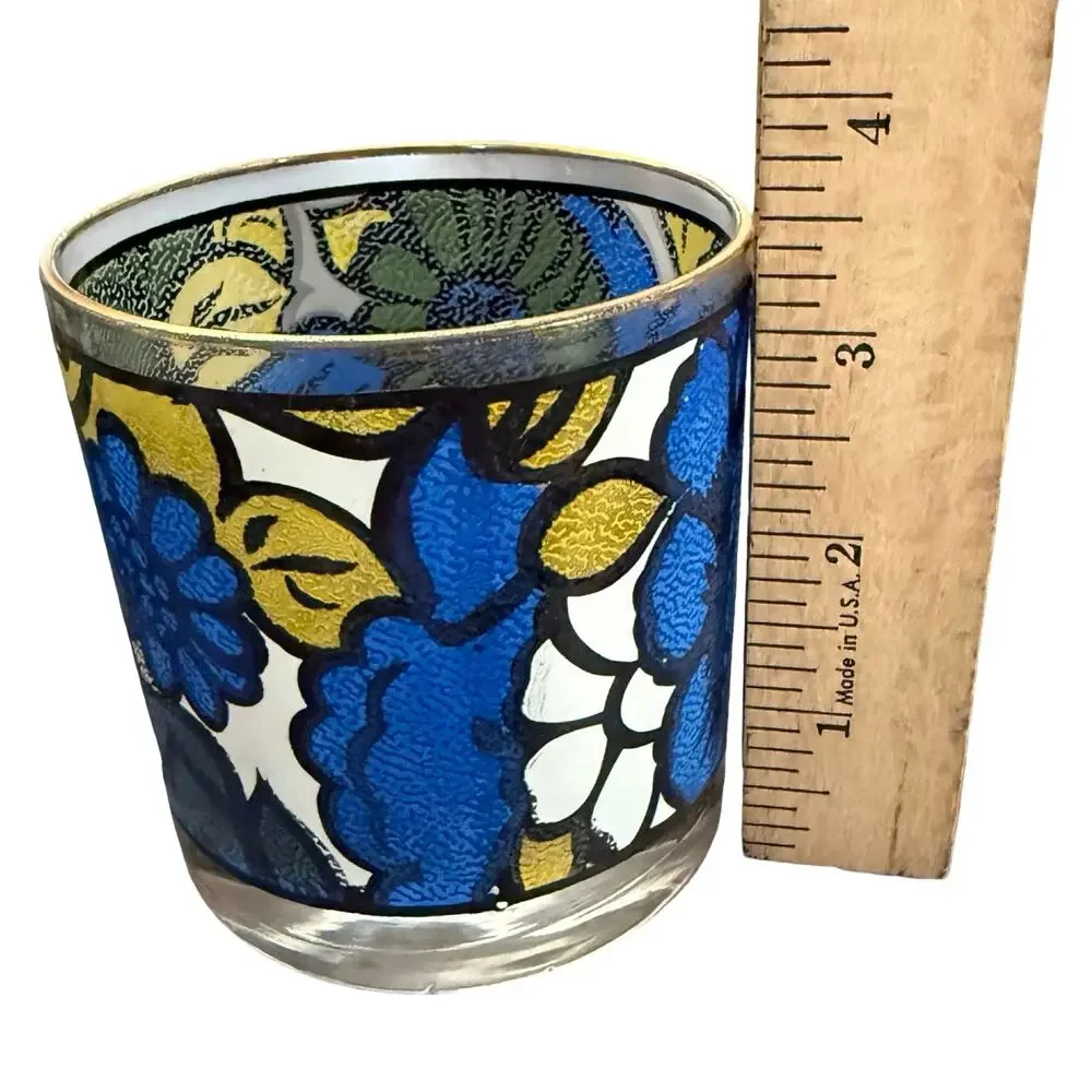 Vintage 1960s CCC Hazel Atlas Blue Yellow Floral Faux Stained Glass Set of 5 - Picture 6 of 16